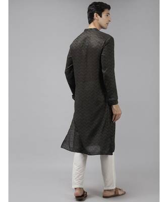 Men Olive & Beige Woven Design Thread Work Kurta With Pyjama 2