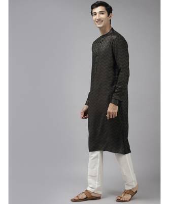 Men Olive & Beige Woven Design Thread Work Kurta With Pyjama 5