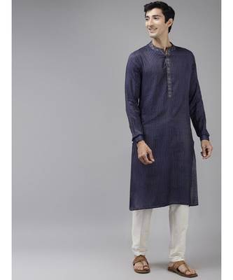 Men Blue & Beige Woven Design Thread Work Kurta With Pyjama 1