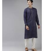 Men Blue & Beige Woven Design Thread Work Kurta With Pyjama