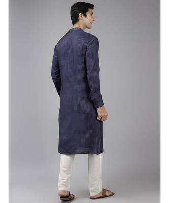 Men Blue & Beige Woven Design Thread Work Kurta With Pyjama 2