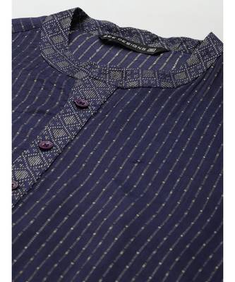 Men Blue & Beige Woven Design Thread Work Kurta With Pyjama 3