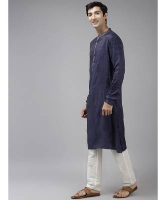 Men Blue & Beige Woven Design Thread Work Kurta With Pyjama 5