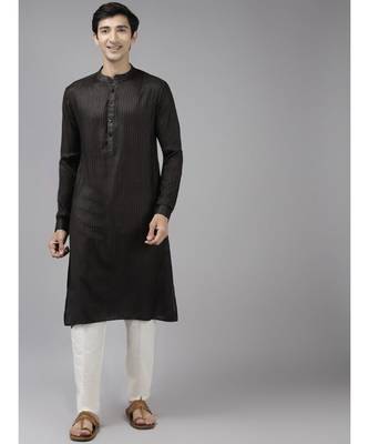 Men Olive & Beige Woven Design Thread Work Kurta With Pyjama 1