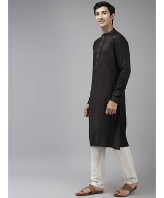 Men Olive & Beige Woven Design Thread Work Kurta With Pyjama 5