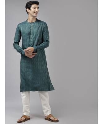 Men Teal & Beige Woven Design Thread Work Kurta With Pyjama 1