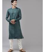 Men Teal & Beige Woven Design Thread Work Kurta With Pyjama