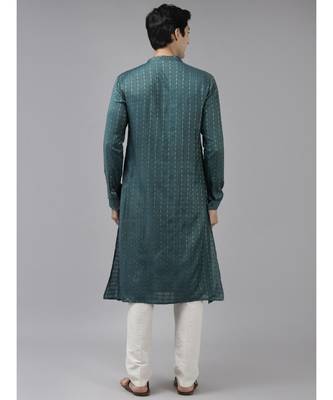 Men Teal & Beige Woven Design Thread Work Kurta With Pyjama 2
