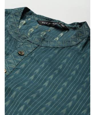 Men Teal & Beige Woven Design Thread Work Kurta With Pyjama 3