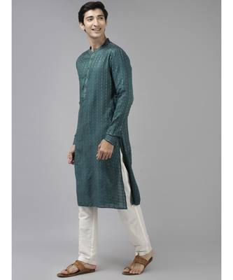 Men Teal & Beige Woven Design Thread Work Kurta With Pyjama 5