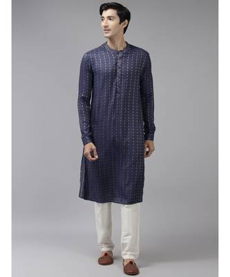 Men Blue & Beige Woven Design Thread Work Kurta With Pyjama 1