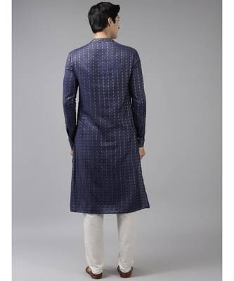 Men Blue & Beige Woven Design Thread Work Kurta With Pyjama 2