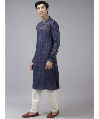 Men Blue & Beige Woven Design Thread Work Kurta With Pyjama 5
