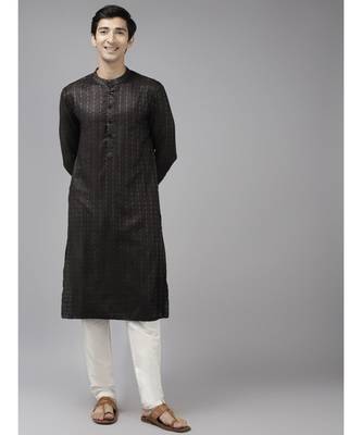 Men Olive & Beige Woven Design Thread Work Kurta With Pyjama 1