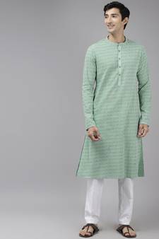 Men Green & White Printed Pure Cotton Straight Kurta With Pyjama