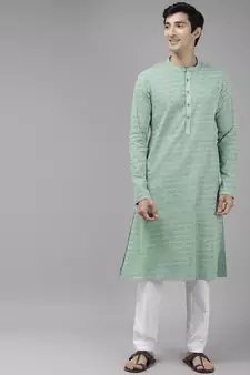 Men Green & White Printed Pure Cotton Straight Kurta With Pyjama