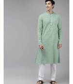 Men Green & White Printed Pure Cotton Straight Kurta With Pyjama