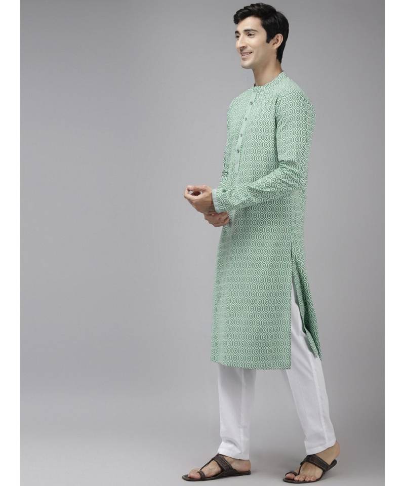 Men Green & White Printed Pure Cotton Straight Kurta With Pyjama