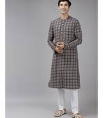 Men Blue And Beige  Printed Thread Work Indigo Kurta With Pyjama