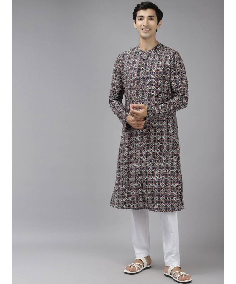 Men Blue And Beige  Printed Thread Work Indigo Kurta With Pyjama