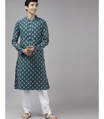 Men Teal Blue & Off White Printed Straight Kurta