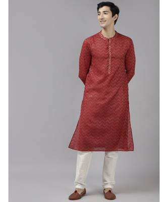 Men Maroon & Beige Woven Design Thread Work Kurta 1