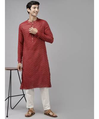 Men Maroon & Beige Woven Design Thread Work Kurta 2