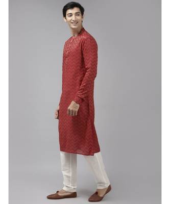 Men Maroon & Beige Woven Design Thread Work Kurta 4