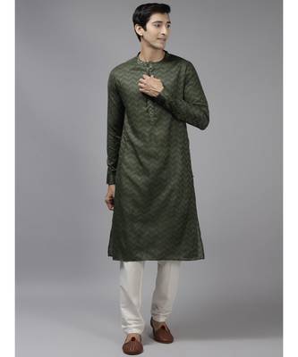 Men Green & Beige Woven Design Thread Work Kurta 1