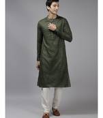 Men Green & Beige Woven Design Thread Work Kurta