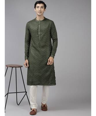 Men Green & Beige Woven Design Thread Work Kurta 2