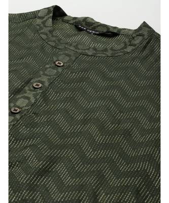 Men Green & Beige Woven Design Thread Work Kurta 3