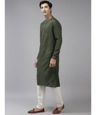 Men Green & Beige Woven Design Thread Work Kurta 4