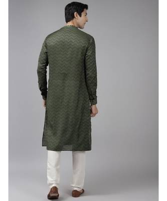 Men Green & Beige Woven Design Thread Work Kurta 5