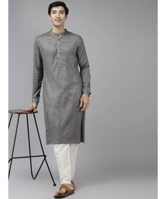 Men Grey & Beige Woven Design Thread Work Kurta 2