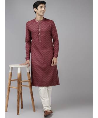 Men Burgundy & Beige Woven Design Thread Work Kurta 2
