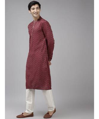 Men Burgundy & Beige Woven Design Thread Work Kurta 4