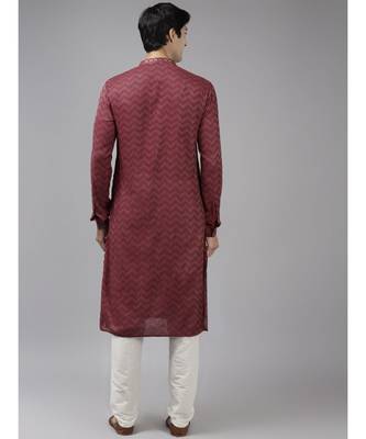 Men Burgundy & Beige Woven Design Thread Work Kurta 5