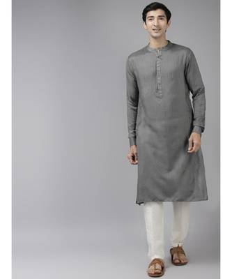 Men Grey & Beige Woven Design Thread Work Kurta 1