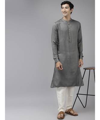 Men Grey & Beige Woven Design Thread Work Kurta 2