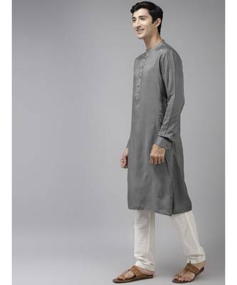 Men Grey & Beige Woven Design Thread Work Kurta 4