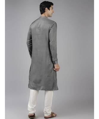 Men Grey & Beige Woven Design Thread Work Kurta 5