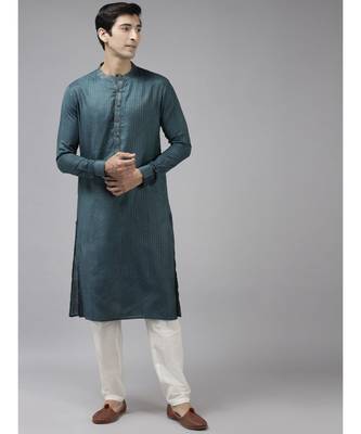 Men Teal & Beige Woven Design Thread Work Kurta 1
