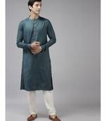 Men Teal & Beige Woven Design Thread Work Kurta