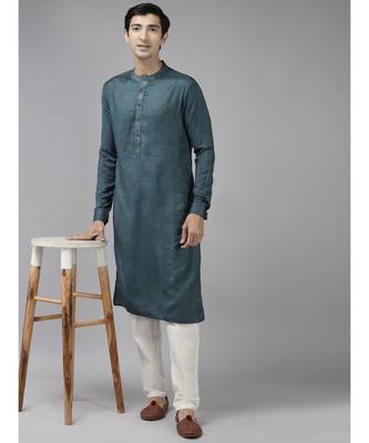 Men Teal & Beige Woven Design Thread Work Kurta 2