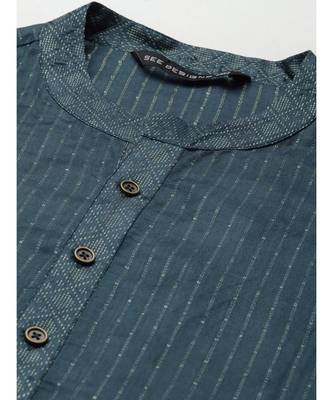 Men Teal & Beige Woven Design Thread Work Kurta 3