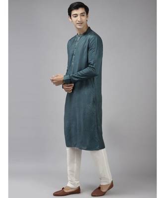 Men Teal & Beige Woven Design Thread Work Kurta 4