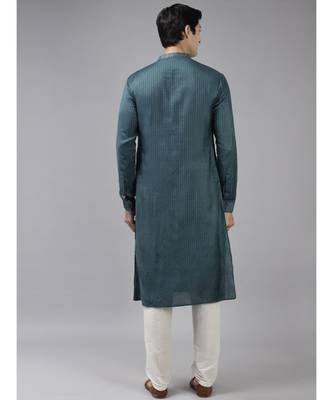 Men Teal & Beige Woven Design Thread Work Kurta 5