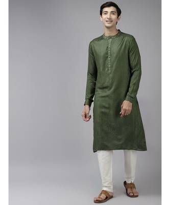 Men Green & Beige Woven Design Thread Work Kurta 1