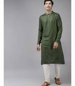 Men Green & Beige Woven Design Thread Work Kurta